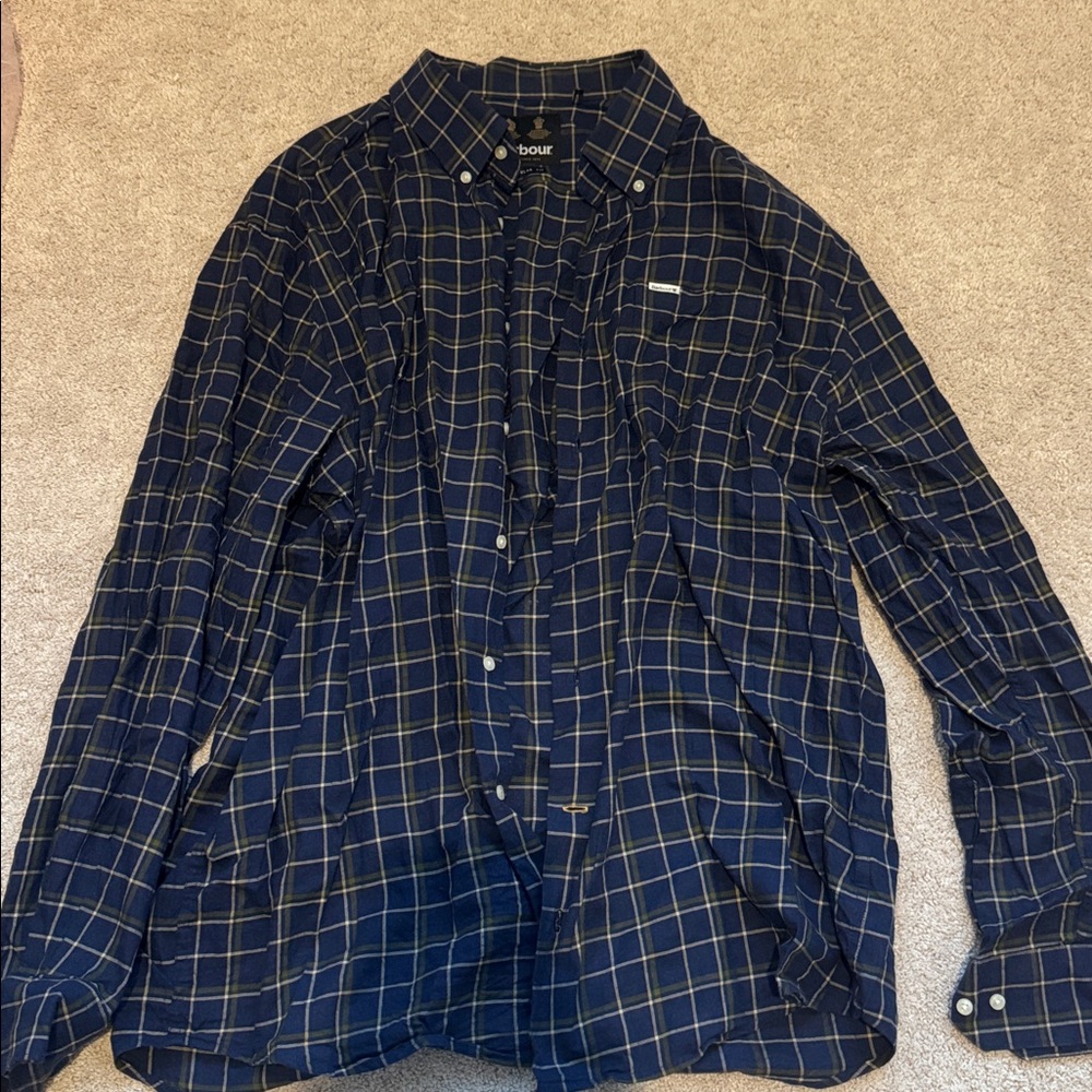 Barbour Navy and Yellow Plaid Casual Button Down Shirt